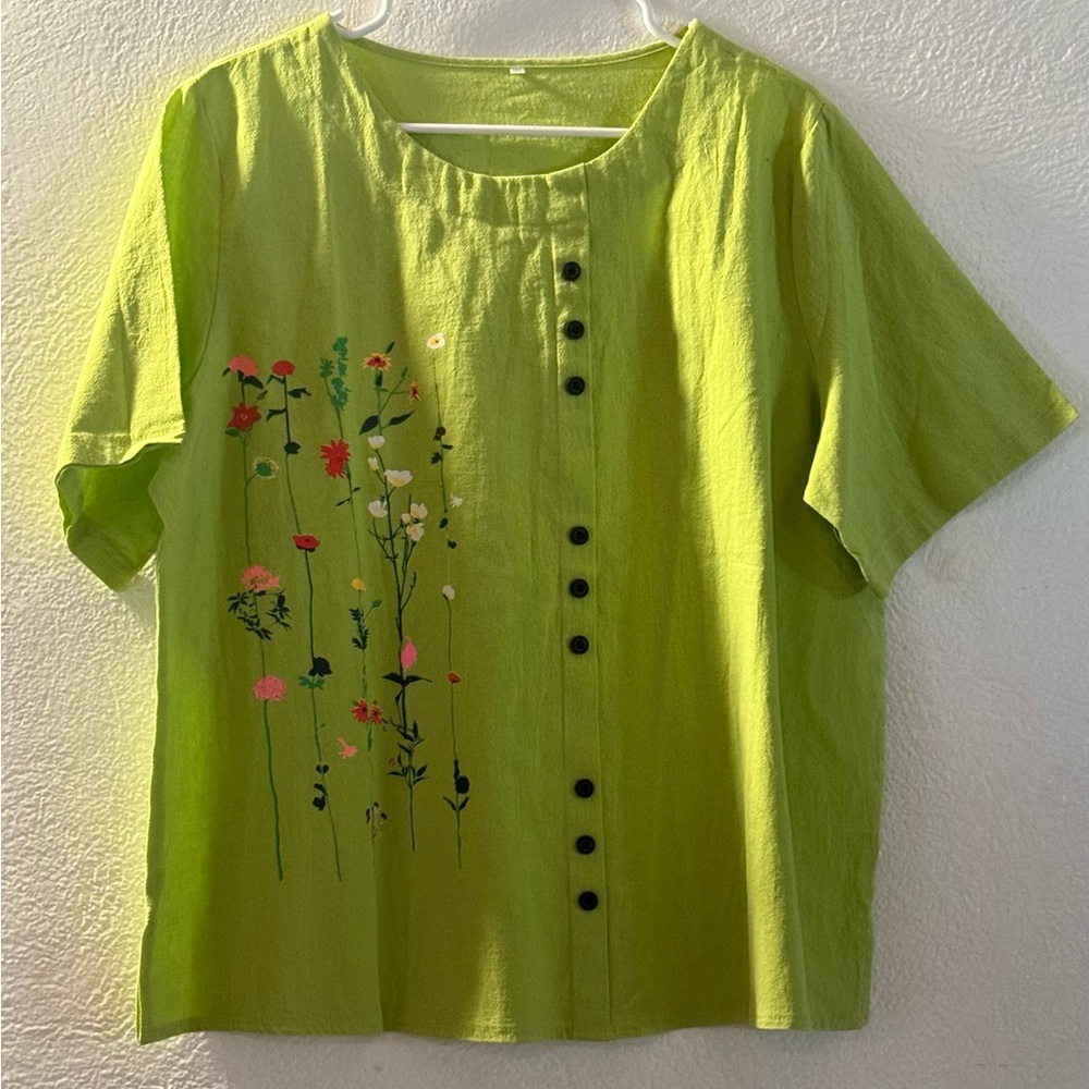 Floral Green Button-Down Top